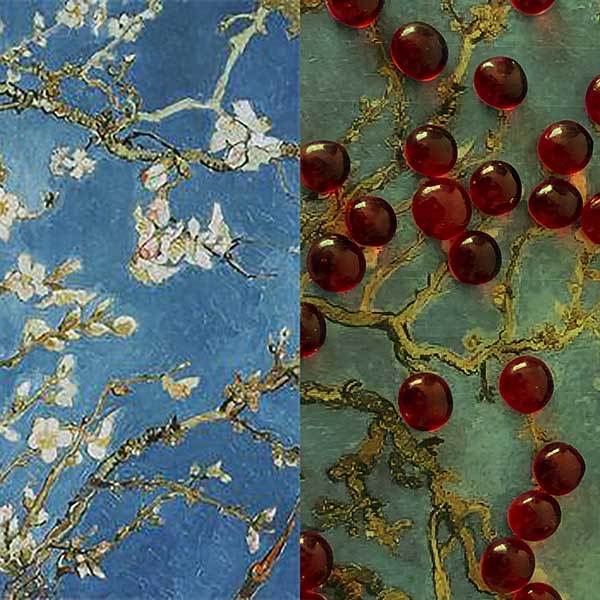 Comparison of two images: The left is a painting of a blooming almond tree in a blue background. The right is an image of red marbles on a vine-like background.