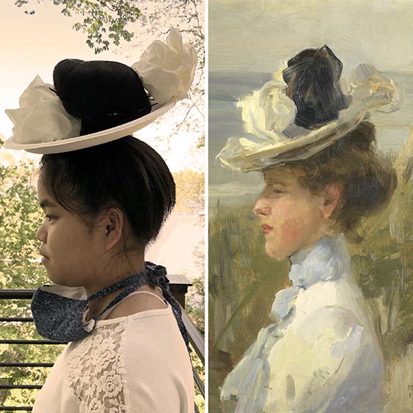 Comparison of two images: the left is a photograph of a girl. She is wearing a hat made from a paper plate, toilet paper and paper towels. She is wearing a single homemade mask around her neck. The right is an oil painting of a woman wearing a hat and a white blouse.