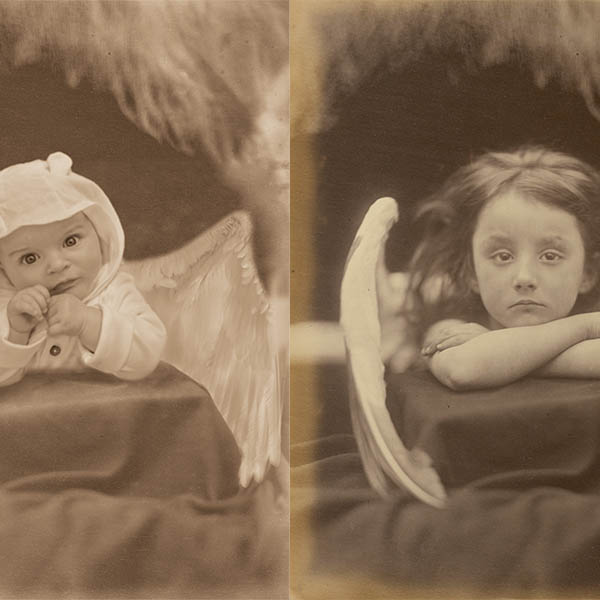 Comparison of two images: the left is a photograph of a baby with wings added on behind it. The right is a photograph of a child with wings behind her.