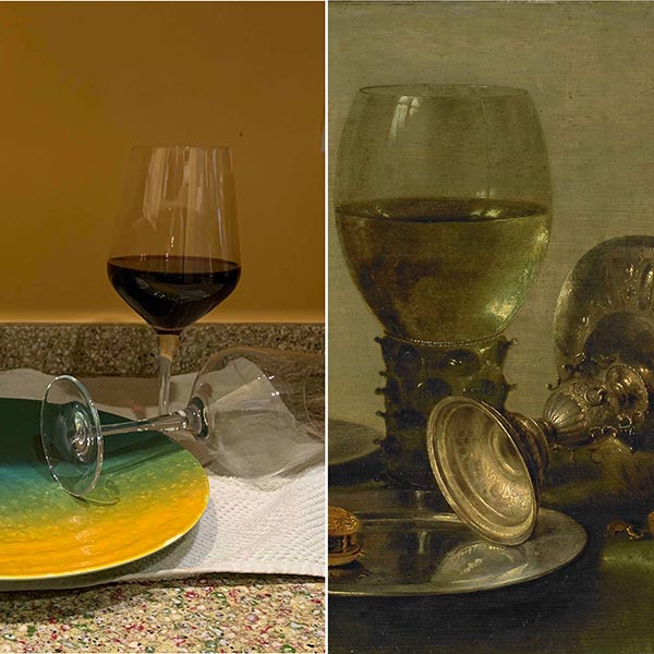 Comparison of two images: The left is a photograph of a kitchen with a plate, wine glasses, and a plate on the counter. The right is a painting of a still life of a glass of white wine with other utensils and a plate.