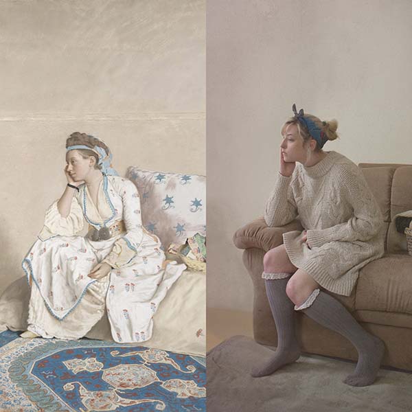 Comparison of two images: the left being a painting of a women wearing a white dress sitting on a couch, and the right being a photograph of a student sitting on a couch wearing a tan sweater.