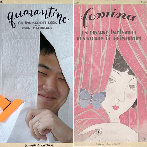 Comparison of two images: the left is a magazine cover created by the student with a man sticking his face through toilet paper. The right is a magazine cover with a woman sticking her head through drapery.