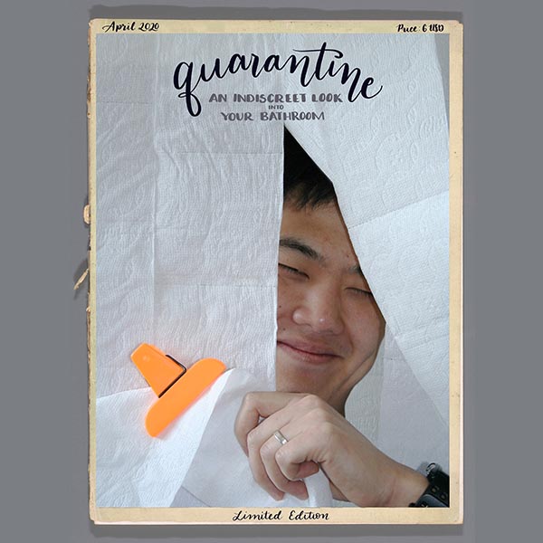 a magazine cover created by the student with a man sticking his face through toilet paper.
