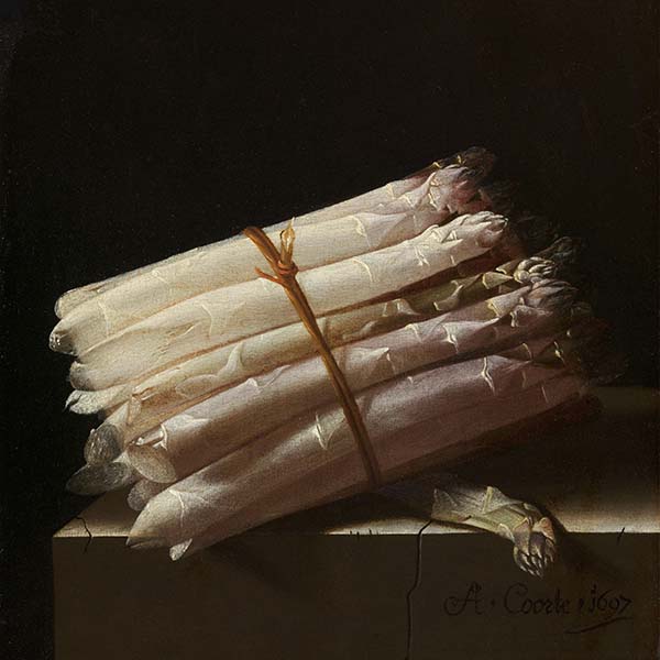 a painting of a bundle of asparagus tied with rope.