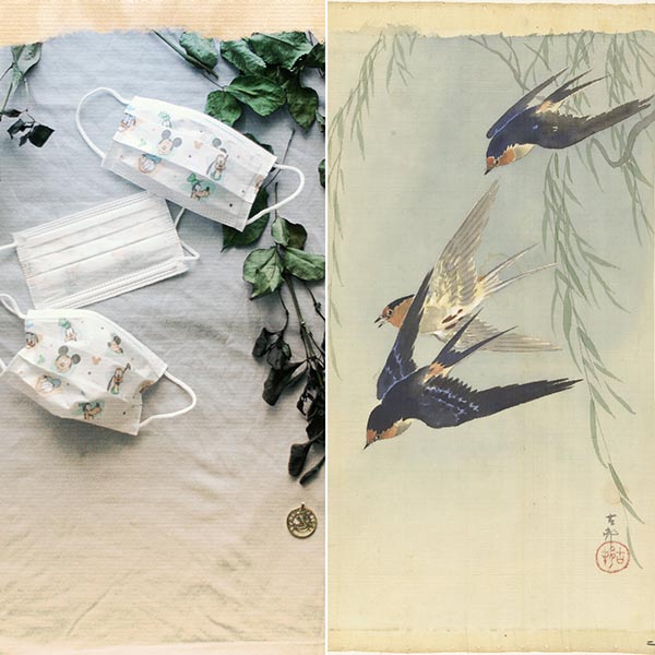 Comparison of two images: the left is a photograph of 3 masks on a piece of cloth with green vinery. The right is a chinese painting of two birds with green vinery.