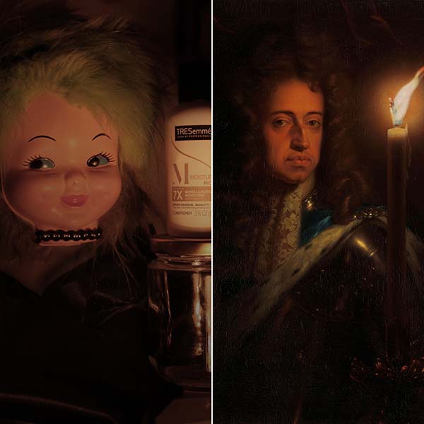 Comparison of two images: The left is a photgraph of a doll with a shampoo bottle next to it. The right is a portrait of William the third with a candle.