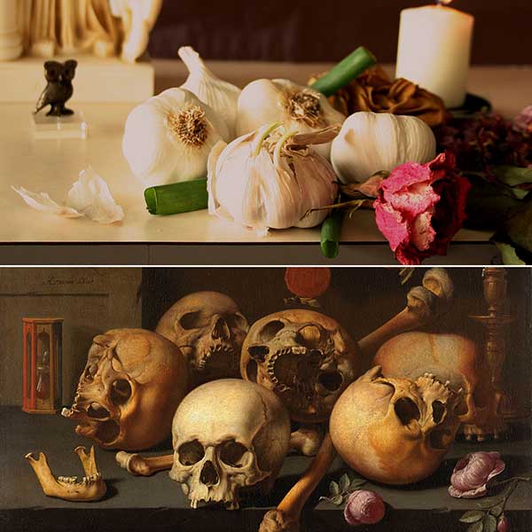Comparison of two images: the top is a photograph of onions with a flower and candle. The bottom is a painting of skulls with flowers on a table.