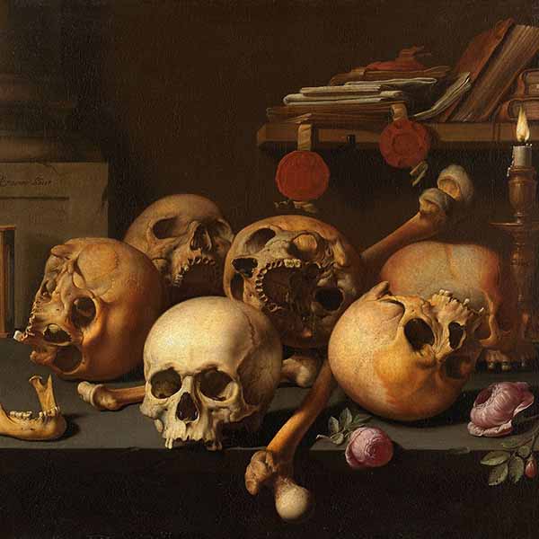 a painting of skulls with flowers on a table.