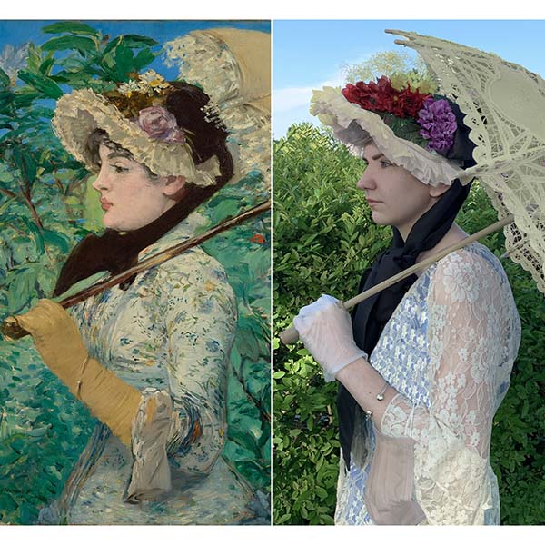 Comparison of two images: The left is a painting of a girl holding an umbrella as she walks through a garden. The right is a photograph of a girl holding an umbrella walking past bushes.
