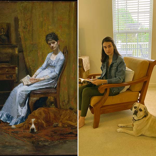 Comparison of two images: the left is a painting of a woman is sitting in a chair and reading a book while her dog lays down next to her. The right is a photograph of a student sitting in her chair with a book while her dog is sitting next to her.