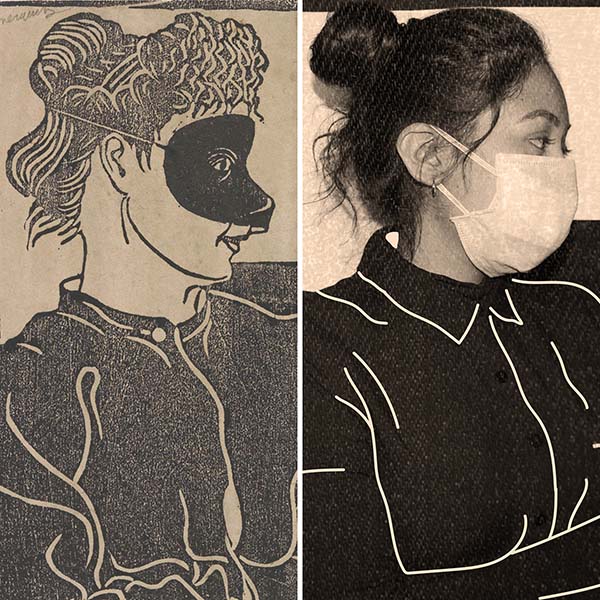 Comparison of two images: The left is a drawing of a person wearing a mask over their eyes and nose. The right is a photograph of a girl wearing a black shirt and a white N95 mask is worn around her nose and mouth.
