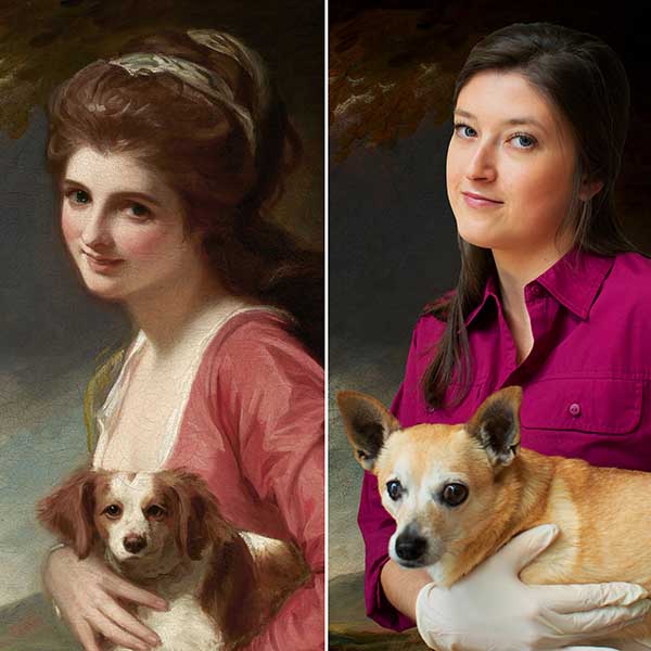 Comparison of two images: the left is a painting of a girl wearing a pink blouse holding a dog. The right is a photograph of a girl wearing a pink button-up and gloves, holding a dog.