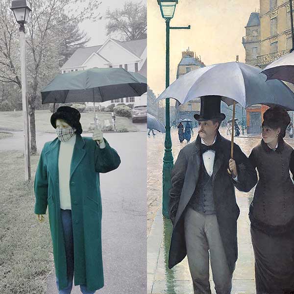 Comparison of two images: the left is a photograph of a woman wearing a long green coat, a face mask, and a top hat, standing under an umbrella. The right is a couple wearing fancy clothing walking down a rainy street, holding an umbrella.