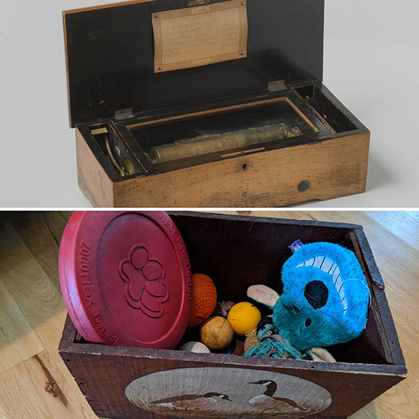 Comparison of two images: the top is a photograph of an old, open wooden music box. The bottom is a box of dog toys, such as lacrosse balls, a frisbee, and a rope.